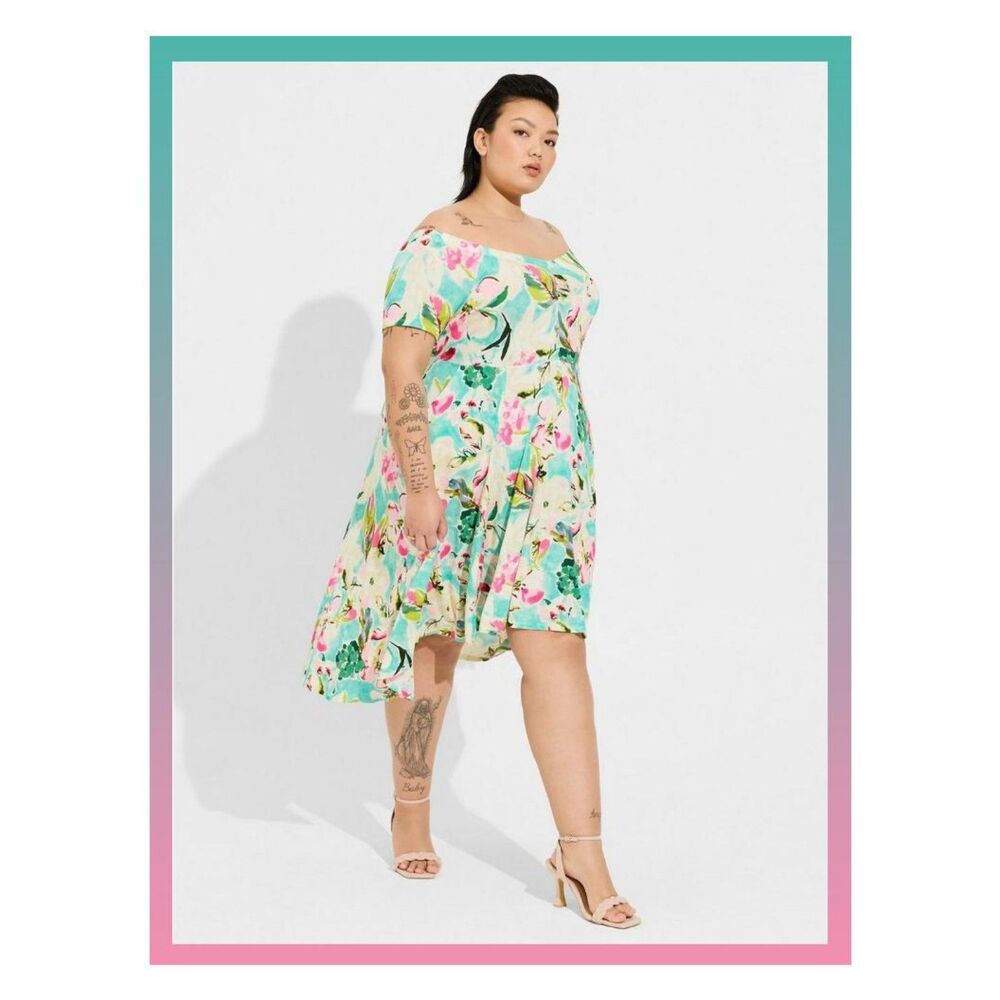 NWT Torrid 1X Floral Print Mini Supersoft Off Shoulder Skater Dress Size 14-16